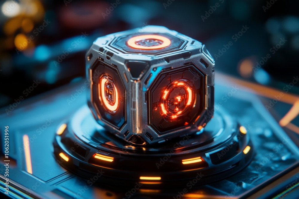 Poster high-tech glowing dice with neon edges, floating over a futuristic casino table, capturing the advan