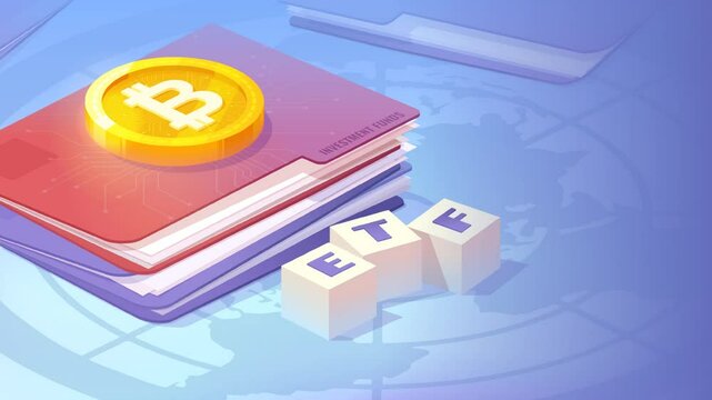 Bitcoin gold coin on red ETF securities folder. Isometric concept of Bitcoin ETF, exchange traded fund and cryptocurrency. 
