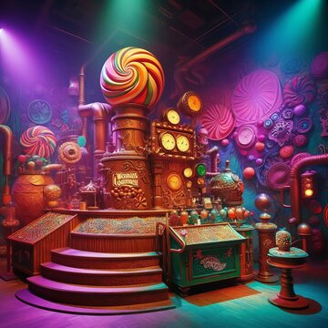 Willy Wonka's Inventing Room Whimsical machines candy making sta