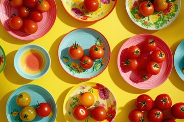 Colorful Plates of Fresh Tomatoes on Yellow Background