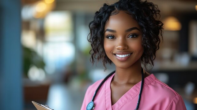 African American woman doctor, CNA, wearing pink scrubs uniform