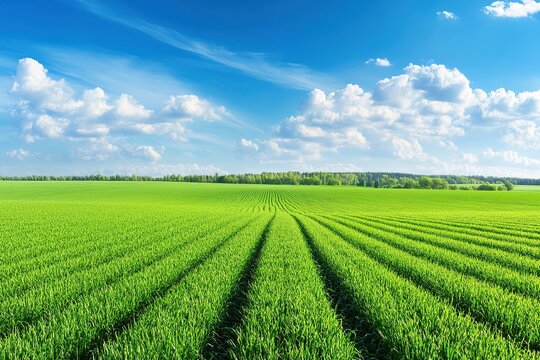 Lush green field with rows of crops under a clear blue sky with fluffy white clouds.