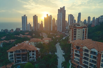 Aerial drone view of a cityscape with towering skyscrapers, capturing the modern urban landscape and vibrant city life from above.
