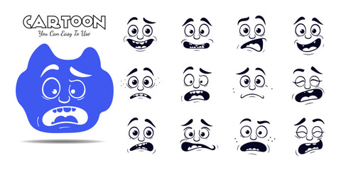 Cartoon faces expressions. Caricature comic emotions or emoticon doodle. Cartoon face expressions vector illustration icons set.