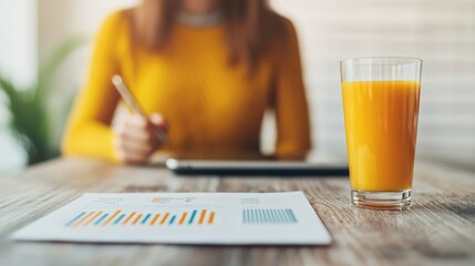 Woman analyzes business data while enjoying a refreshing glass of orange juice at her desk