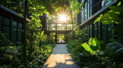 Obraz premium Modern Corporate Building with Greenery Pathway