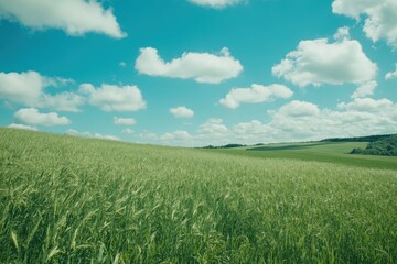 Lush Green Field Under Blue Sky with White Clouds