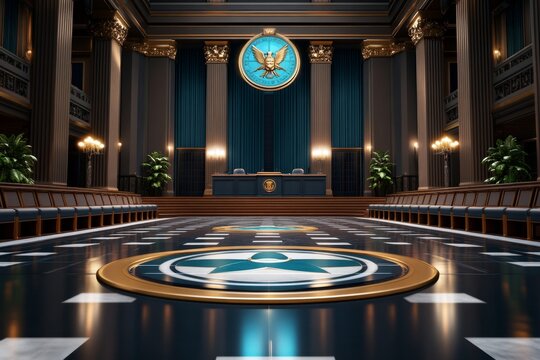 Outline of a courtroom scene with benches and podium, capturing the structured and straightforward layout of court settings, symbolizing clarity and formality