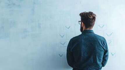 Man analyzes progress on a checklist while standing against a blue wall to enhance productivity and motivation