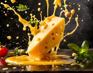 Warm cheese splashes and drips create an appetizing experience in a kitchen setting. Generative AI