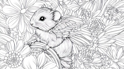 A Winged Mouse Among Flowers. Coloring book illustration.