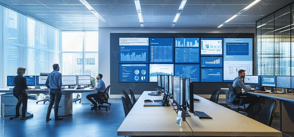 Poster A group of business professionals stand and sit at desks in front of a large wall of monitors displaying financial data.