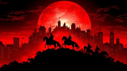 Naklejka premium Silhouette of Horsemen Riding Towards Red Moon over Cityscape