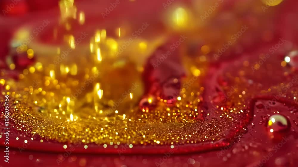 Poster Dynamic drops of yellow glitter in red oil or ink diffusing through liquid, creating an abstract syrup swirls