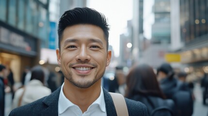 Fototapeta premium モダンな都会を背景に、にぎやかな街路で微笑むビジネスマン