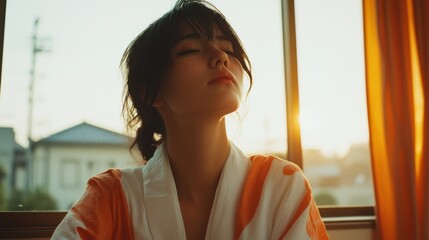 穏やかな朝の静けさ：柔らかな光の中で窓辺で日の出を楽しむ女性