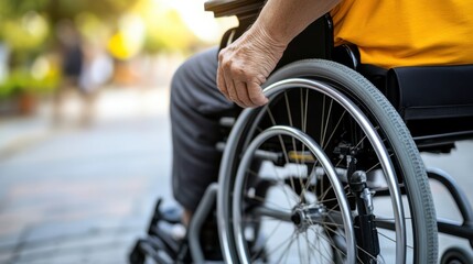 Obraz premium 晴れた日に屋外で移動と自立を楽しむ車椅子の高齢者
