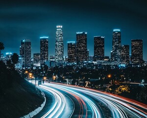 Fototapeta premium Vibrant city skyline at night showcasing illuminated skyscrapers and dynamic light trails from passing cars, creating a lively urban atmosphere.