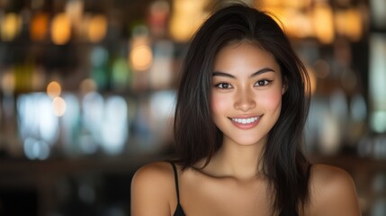 暖かい雰囲気の中で、ぼやけたボケの光を背景に輝く笑顔の女性