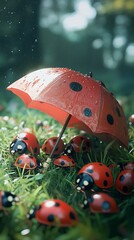 Charming ladybug carries an umbrella, braving the drizzly weather.