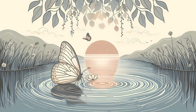 "Calming Rhythms: Uma Borboleta e a Tranquilidade de um Lago"