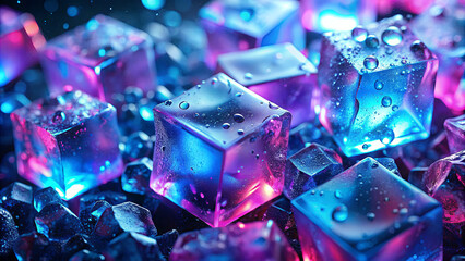 A cluster of ice cubes in shades of pink and blue showcases vibrant colors and textures, resting on a dark surface adorned with glistening droplets and reflections