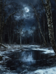 A tranquil winter night captures a snowy forest landscape. The still water of the river mirrors the full moon, creating a peaceful and enchanting atmosphere.
