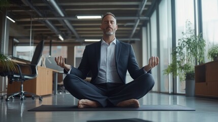 Businessman practicing yoga in corporate setting