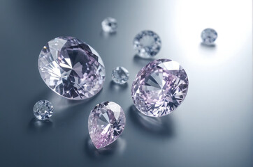 A stunning arrangement features various diamonds, including round and pear shapes, illuminated by gentle light that enhances their sparkling facets and colors