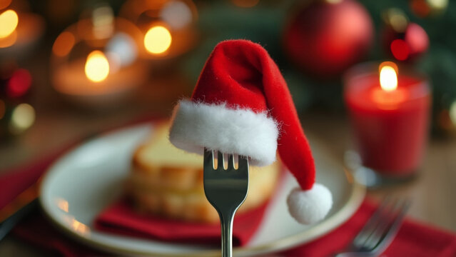 Christmas dinner. Cutlery fork wearing a red festive father christmas santa hat - Powered by Adobe