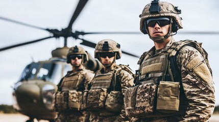 Fototapeta premium Military Soldiers in Combat Gear with Helicopter Background