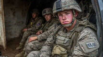 Fototapeta premium Military Soldiers in Camouflage Uniforms Inside Vehicle