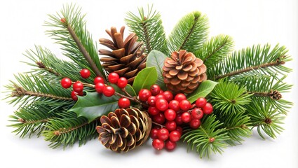 Top view Christmas branch plant tree leaf pine ornament festival lay flat white background