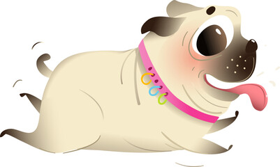 Funny pug dog running, fat doggy character design. Hilarious pug pet running fast. Cute and fun domestic animal character design. Vector animal cartoon illustration. Isolated clip art.