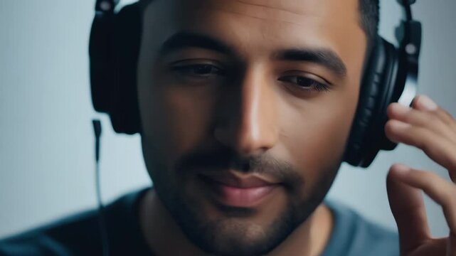 Happy young brunette smile man enjoy listening music closeup. Handsome guy use black headphones. Relaxed song for rest. Carefree male person listen podcast or book concept. Hi fi sound. Face close up.