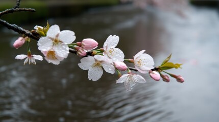 穏やかな水面に雨粒が落ちる繊細なピンクの桜