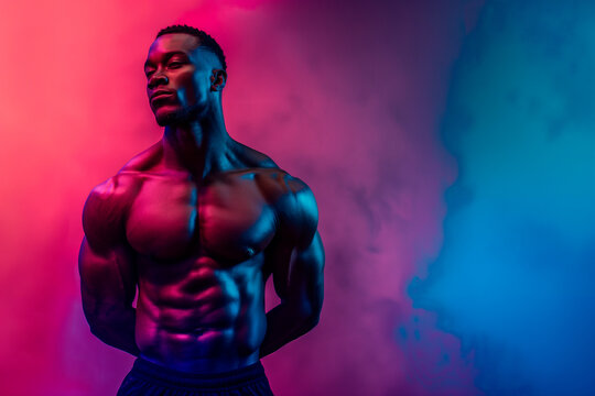 confident black male athlete in colored vibrant light