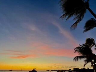 Aruba sunset with palm trees and yacht silhouette