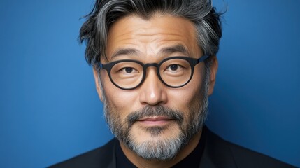 Obraz premium 青い背景に対してポーズをとる、眼鏡をかけた自信に満ちた成熟した男性