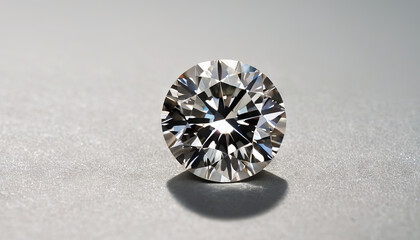 The round-cut diamond gleams with exceptional clarity and brilliance, reflecting light beautifully on a soft, neutral background, emphasizing its exquisite facets