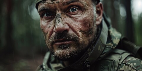 Obraz premium Soldier in military gear, muddy from combat and outdoors.