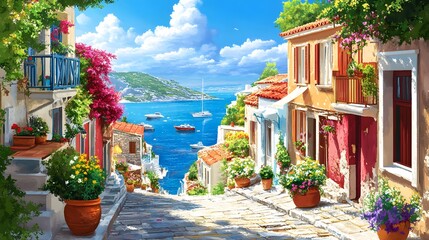 A picturesque scene of the island with its colorful houses, lush greenery, and crystal-clear waters in Greece, in the style of a paint