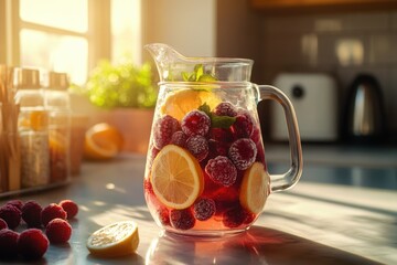 A pitcher of fresh berry fruit punch, homemade with lemon slices and ice. The vibrant colors of the mixed fruits shine through the clear liquid.
