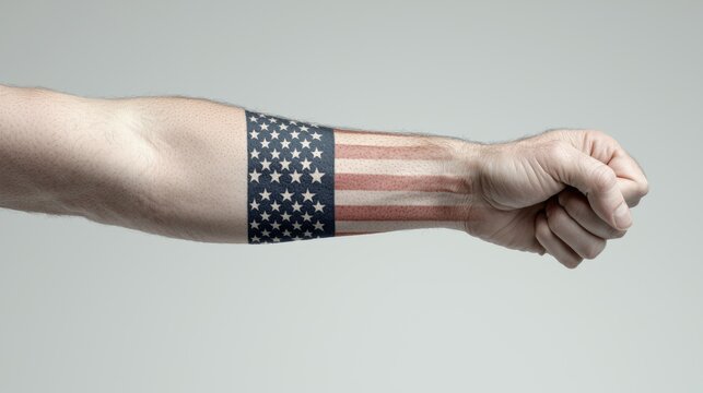 A forearm tattoo featuring the American flag, showcasing patriotism and strength in a clenched fist pose against a neutral background.