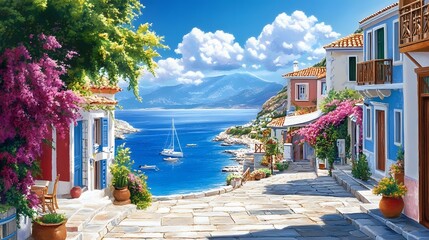 A picturesque scene of the island with its colorful houses, lush greenery, and crystal-clear waters in Greece, in the style of a paint