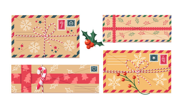 Christmas Envelopes Feature Festive Decorations Including Holly Leaves And Berries, Snowflakes, Candy Canes And Stamps