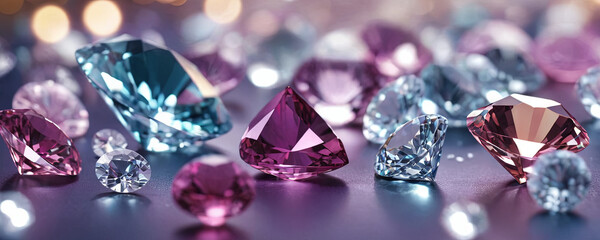 Brightly colored diamonds of different shapes and sizes are beautifully arranged on a reflective surface, shimmering with light during a glamorous occasion