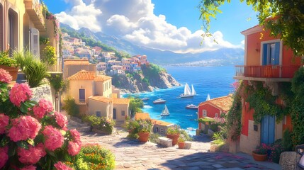 A picturesque scene of the island with its colorful houses, lush greenery, and crystal-clear waters in Greece, in the style of a paint