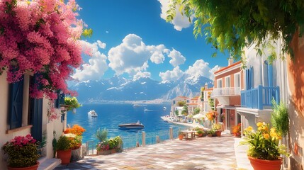 A picturesque scene of the island with its colorful houses, lush greenery, and crystal-clear waters in Greece, in the style of a paint