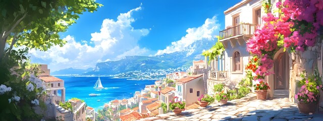 A picturesque scene of the island with its colorful houses, lush greenery, and crystal-clear waters in Greece, in the style of a paint